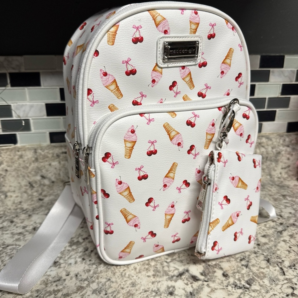 Madden Girl Ice Cream And Cherries Mini Backpack Adjustable w Attached Wallet